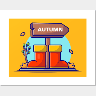 Autumn Sign With Boot Shoes Cartoon Vector Icon Illustration Posters and Art